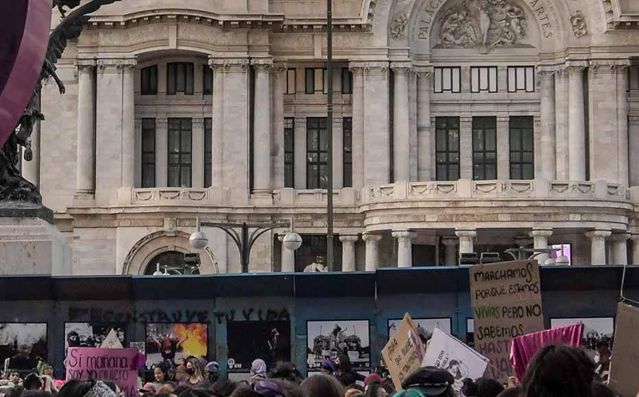 Protesters hold banners and chant slogans during a demonstration as part of the International Women's Day on March 8, 2022 in Mexico City, Mexico.
