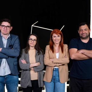 The reporters of Black Box, (l to r) Stefan Bejan, Stela Mihailovici, Mariana Rata and Ilie Gulca, the investigative journalism programme of Moldova's independent television channel TV8, tracked tangled routes for money flowing to offshore companies from Moldova.